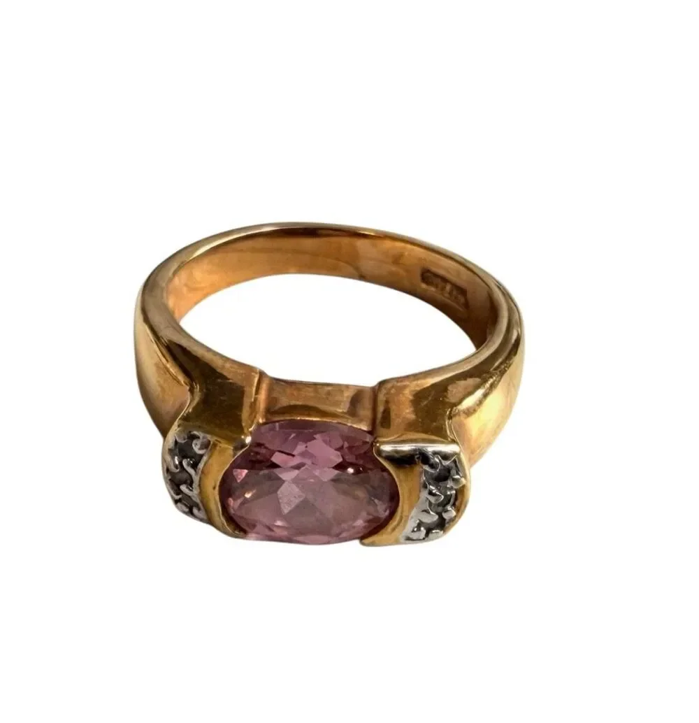 Gold Tone Pink Oval Statement Ring with Clear Accent Stones